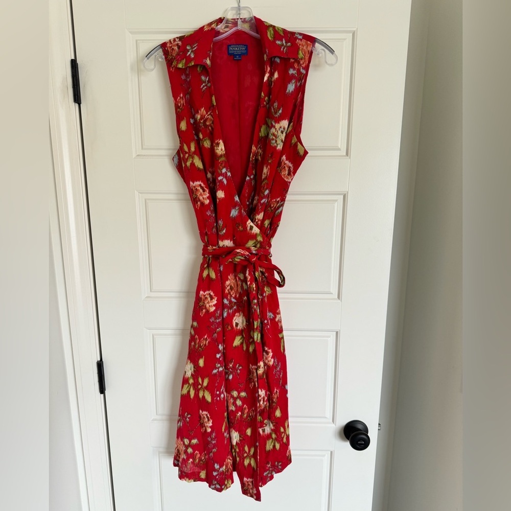 Pendleton Women’s 12‎ Red Floral Wrap Dress Tie Side Sleeveless V-Neck Lined EUC